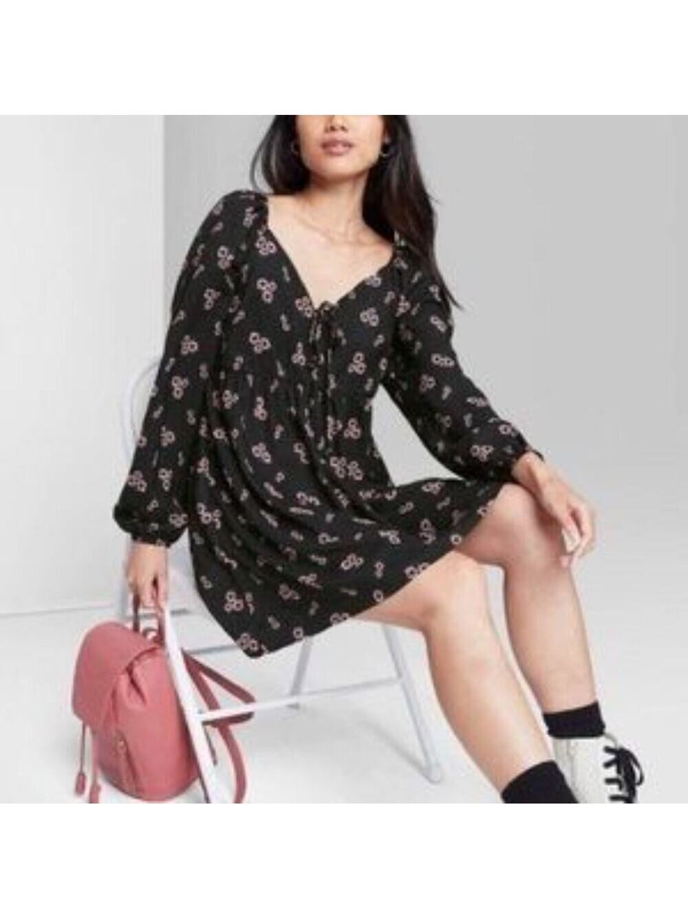 Wild Fable Dark Floral Long Sleeve Tie-Front Muse Dress Size M
